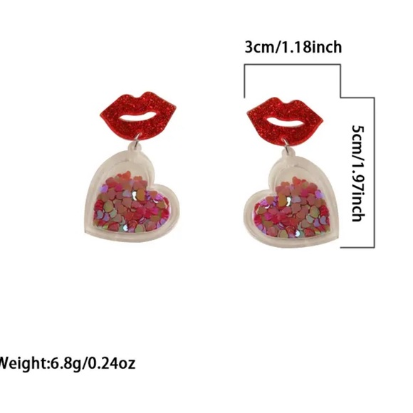 Red Glitter Hot Lips with Dangle Hearts Earrings Love Punk Teen Rock - Picture 4 of 4